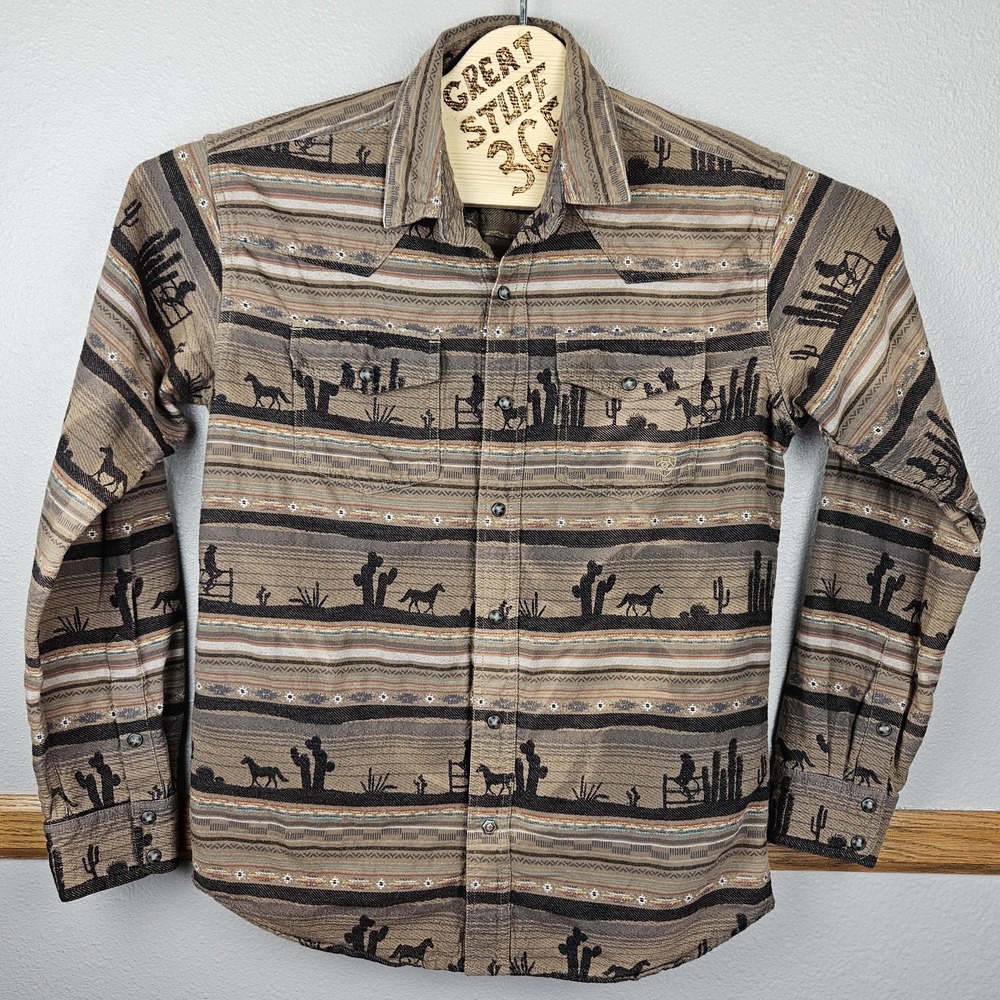 Ariat Pearl Snap Shirt Mens Large Brown Aztec Flannel Western Cowboy Retro Fit